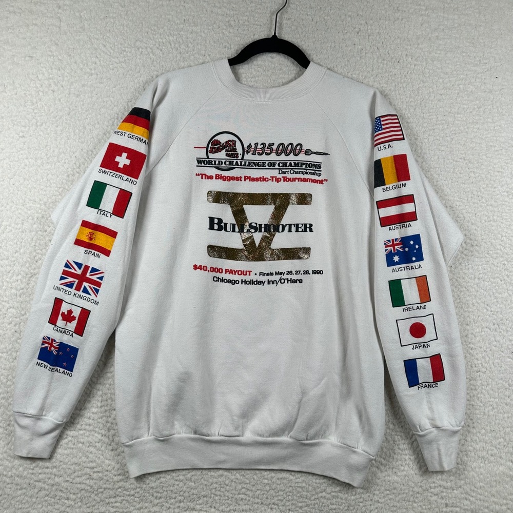 Vintage 1990 BullShooter V World Dart Tournament Sweatshirt Flag Sleeve White L